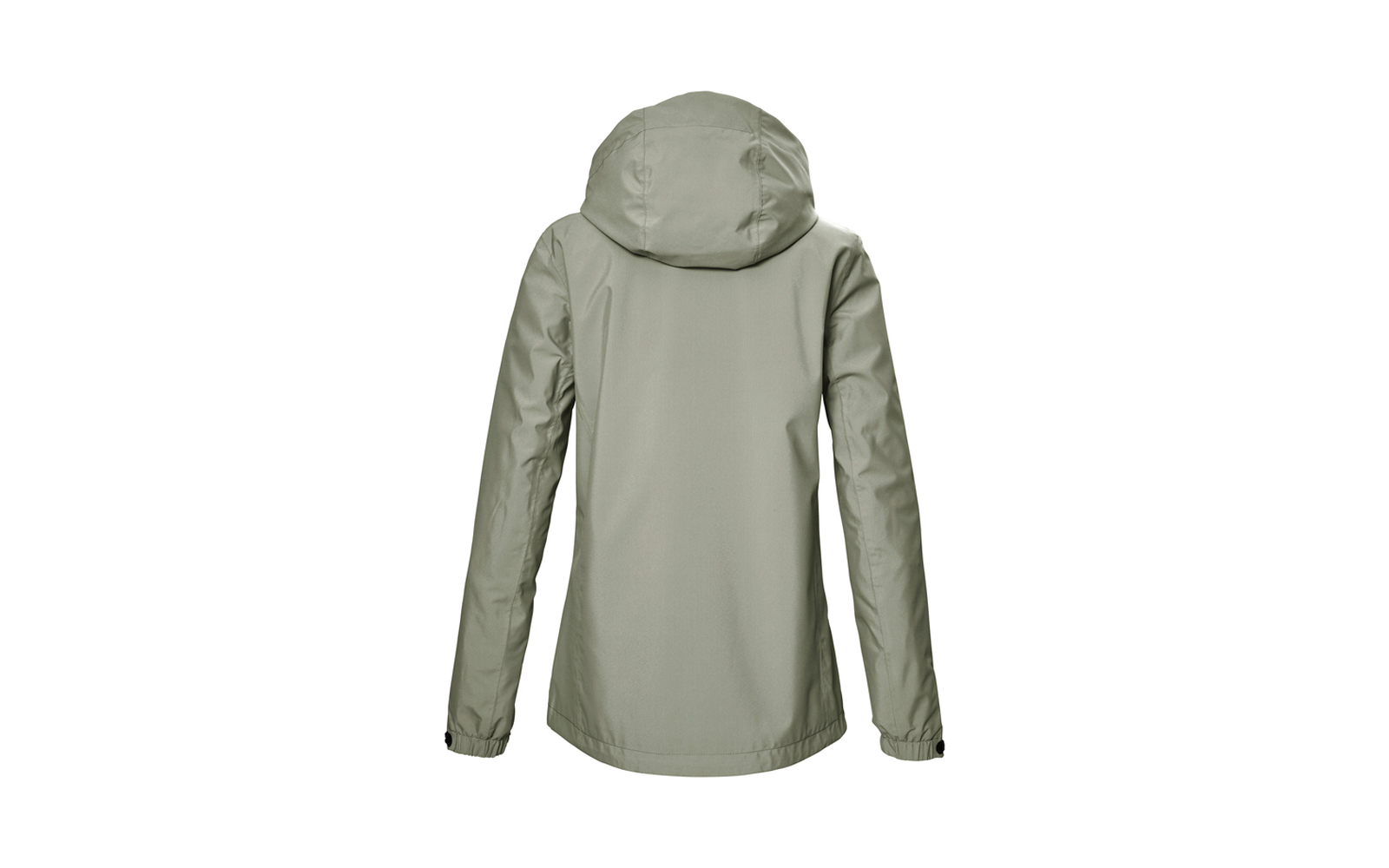 Olivgrüne Kapuzenjacke, Rückansicht, lange Ärmel, hüftlang