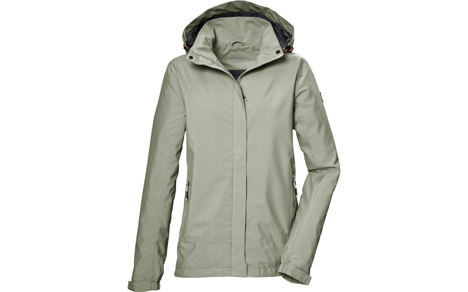 Chaqueta verde claro con capucha, cremallera frontal completa, solapa y dos bolsillos laterales con cremallera