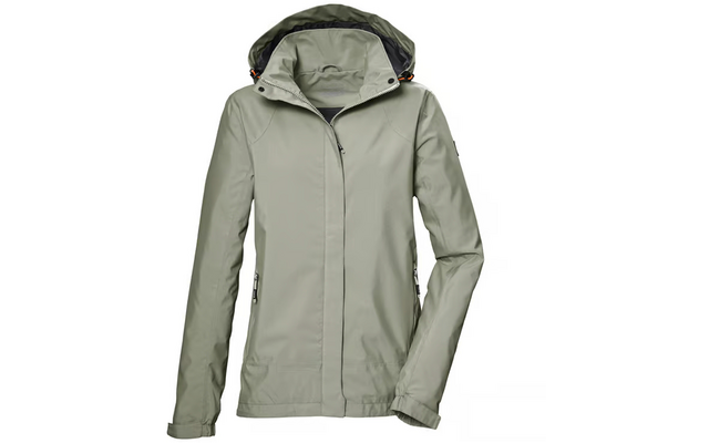 Hellgrünliche Kapuzenjacke mit verdecktem Frontreißverschluss, zwei seitlichen Reißverschlusstaschen und langen Ärmeln mit Klettverschlussbündchen