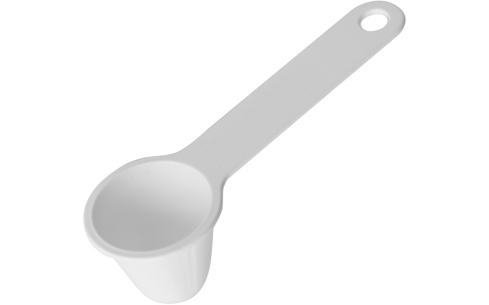 Cuillère doseuse en plastique blanc avec cuvette ronde et long manche percé