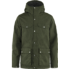 Grüne Jacke mit Kapuze, Frontalansicht, Druckknöpfe, zwei Brusttaschen mit Klappen, zwei untere Taschen mit Klappen, Kapuze mit dunkler Innenfütterung