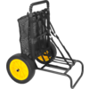 Carro plegable negro con bolsa de malla negra, armazón metálico negro y dos ruedas amarillas