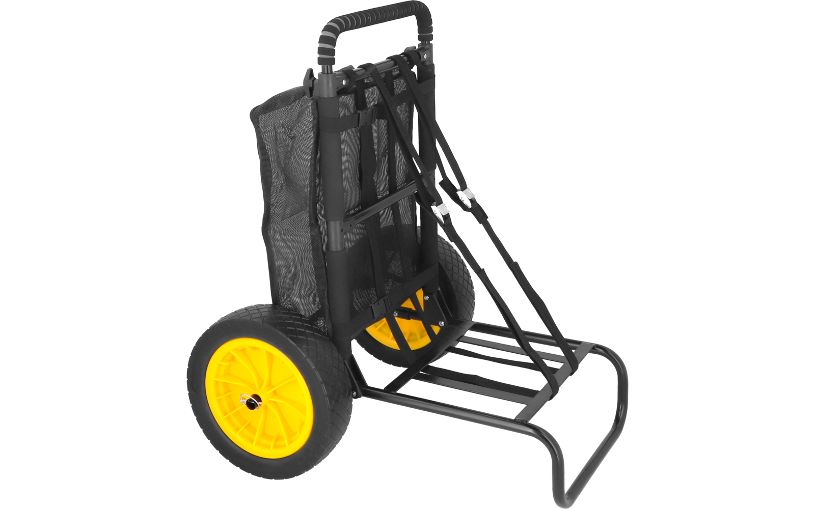 Carro plegable negro con bolsa de malla negra, armazón metálico negro y dos ruedas amarillas