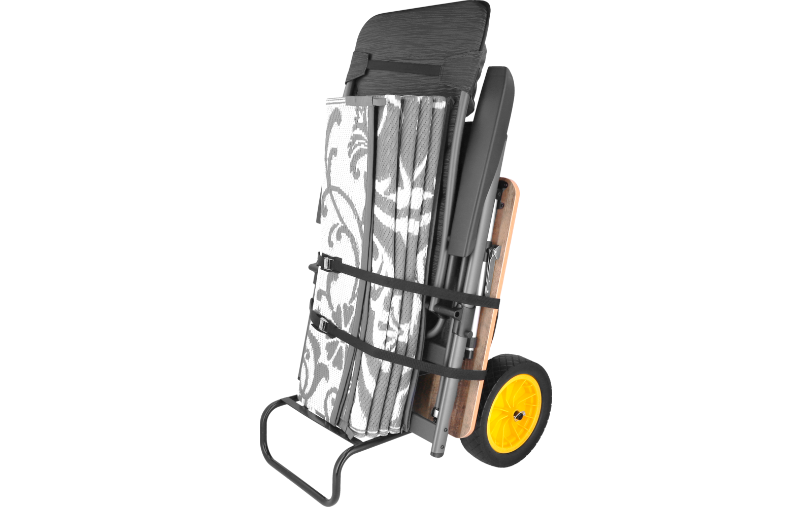 Silla plegada con tela estampada sujeta a un carro metálico negro; rueda amarilla visible