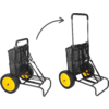 Dos vistas de un carrito plegable con armazón metálico negro, ruedas amarillas y bolsa de tela negra; a la izquierda plegado con asa baja, a la derecha desplegado con asa alta; flecha gris entre ambos; fondo blanco