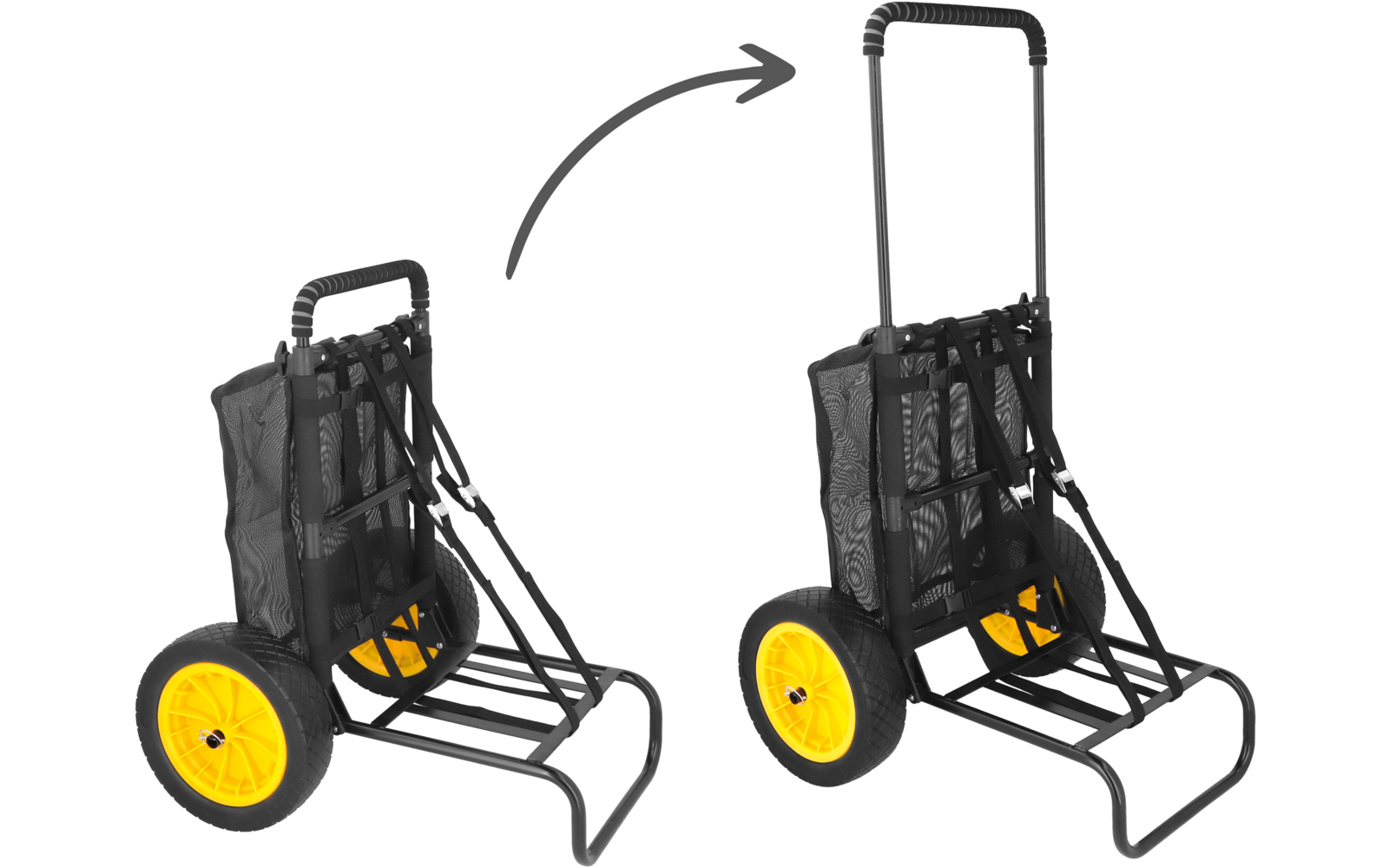 Dos vistas de un carrito plegable con armazón metálico negro, ruedas amarillas y bolsa de tela negra; a la izquierda plegado con asa baja, a la derecha desplegado con asa alta; flecha gris entre ambos; fondo blanco