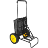 Carrito de dos ruedas con armazón metálico negro, bolsa de tela negra con estampado, ruedas amarillas y asa vertical