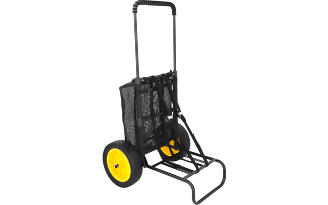 Carrito de dos ruedas con armazón metálico negro, bolsa de tela negra con estampado, ruedas amarillas y asa vertical