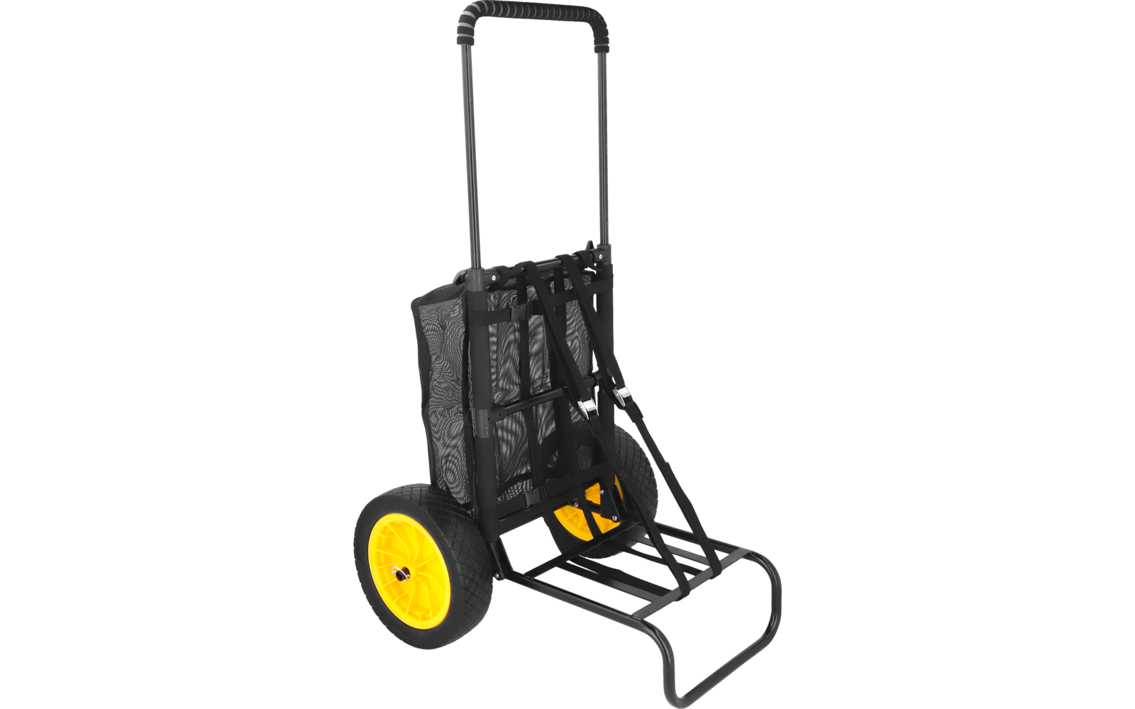 Carrito de dos ruedas con armazón metálico negro, bolsa de tela negra con estampado, ruedas amarillas y asa vertical