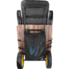 Carrito metálico plegable con respaldo negro, tabla de madera, bolsa de tela negra con símbolo de zapato azul y dos ruedas con llantas amarillas
