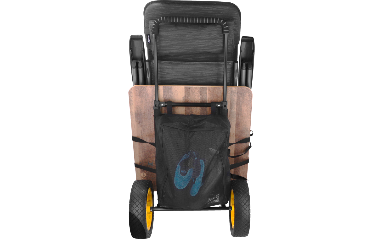 Carrito metálico plegable con respaldo negro, tabla de madera, bolsa de tela negra con símbolo de zapato azul y dos ruedas con llantas amarillas