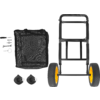 Armazón metálico plegable negro con asa y dos ruedas amarillas; junto a él una bolsa de malla negra, una bomba de mano azul, dos correas negras con hebillas, dos piezas redondas de plástico negro y varias fijaciones metálicas pequeñas