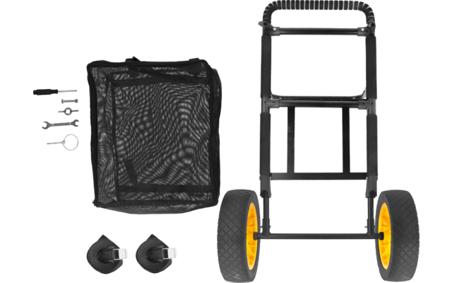 Armazón metálico plegable negro con asa y dos ruedas amarillas; junto a él una bolsa de malla negra, una bomba de mano azul, dos correas negras con hebillas, dos piezas redondas de plástico negro y varias fijaciones metálicas pequeñas