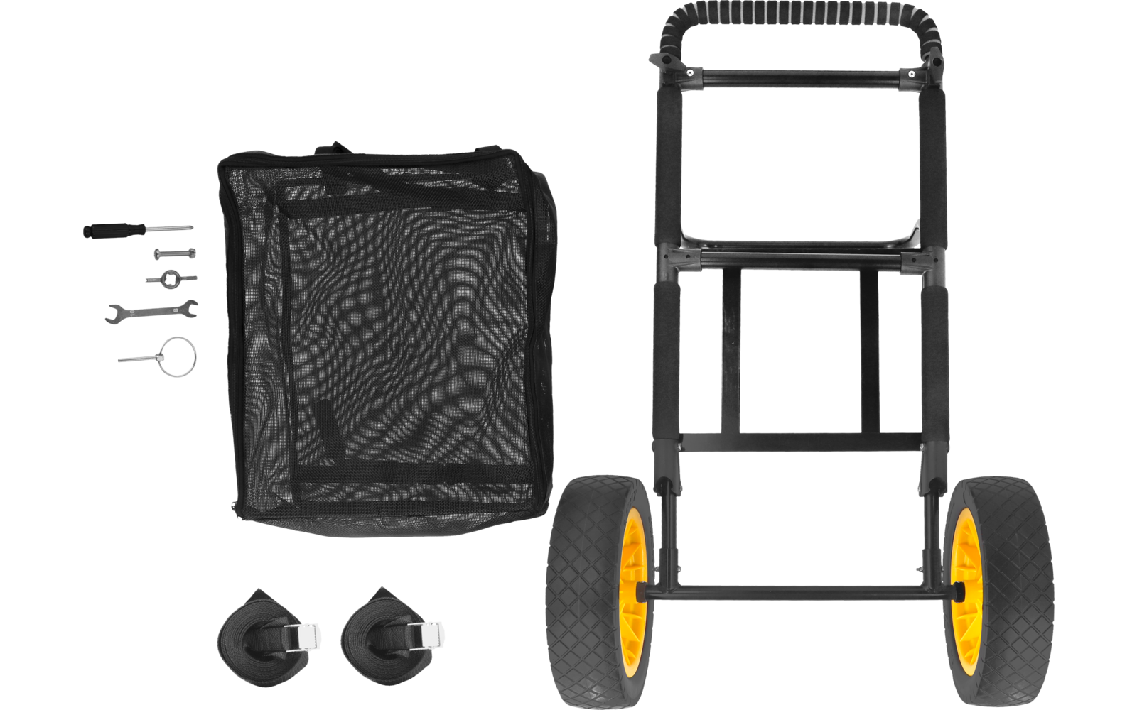 Armazón metálico plegable negro con asa y dos ruedas amarillas; junto a él una bolsa de malla negra, una bomba de mano azul, dos correas negras con hebillas, dos piezas redondas de plástico negro y varias fijaciones metálicas pequeñas