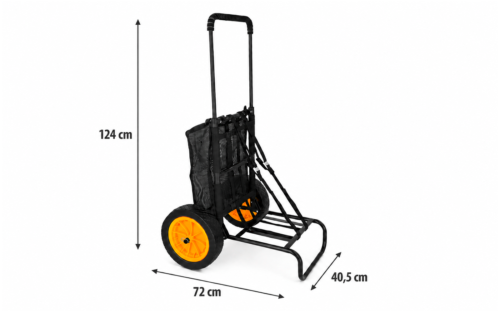 Estructura negra con dos grandes ruedas amarillas, bolsa de tela negra y asa telescópica extendida; marcas de medida 124 cm, 72 cm y 40,5 cm sobre fondo blanco