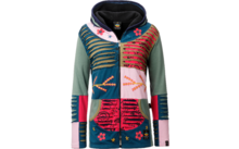Hoodie met ritssluiting, meerkleurige panelen in groen, turquoise, roze en rood, uitsparingen in strepen op voorkant en mouwen, geborduurde bloemen- en bladmotieven, twee voorzakken