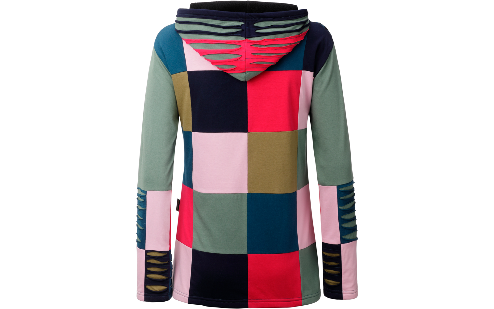 Vue de dos d'un sweat à capuche à motif damier composé de carrés colorés (rouge, rose, bleu foncé, sarcelle, olive, vert clair) avec découpes à la capuche et aux manches