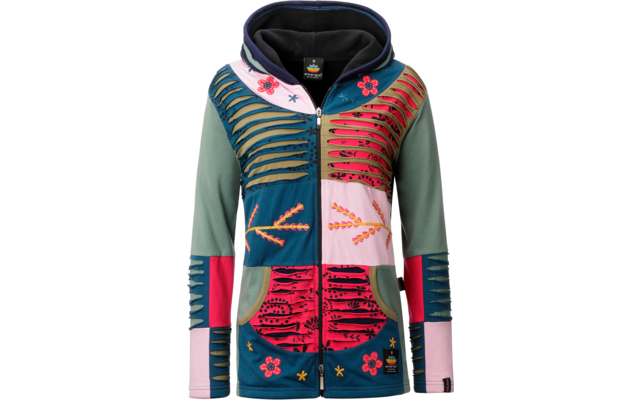 Sweat à capuche zippé avec panneaux multicolores verts, turquoise, rose et rouges, découpes en bandes sur le devant et les manches, motifs floraux et feuilles brodés, deux poches avant
