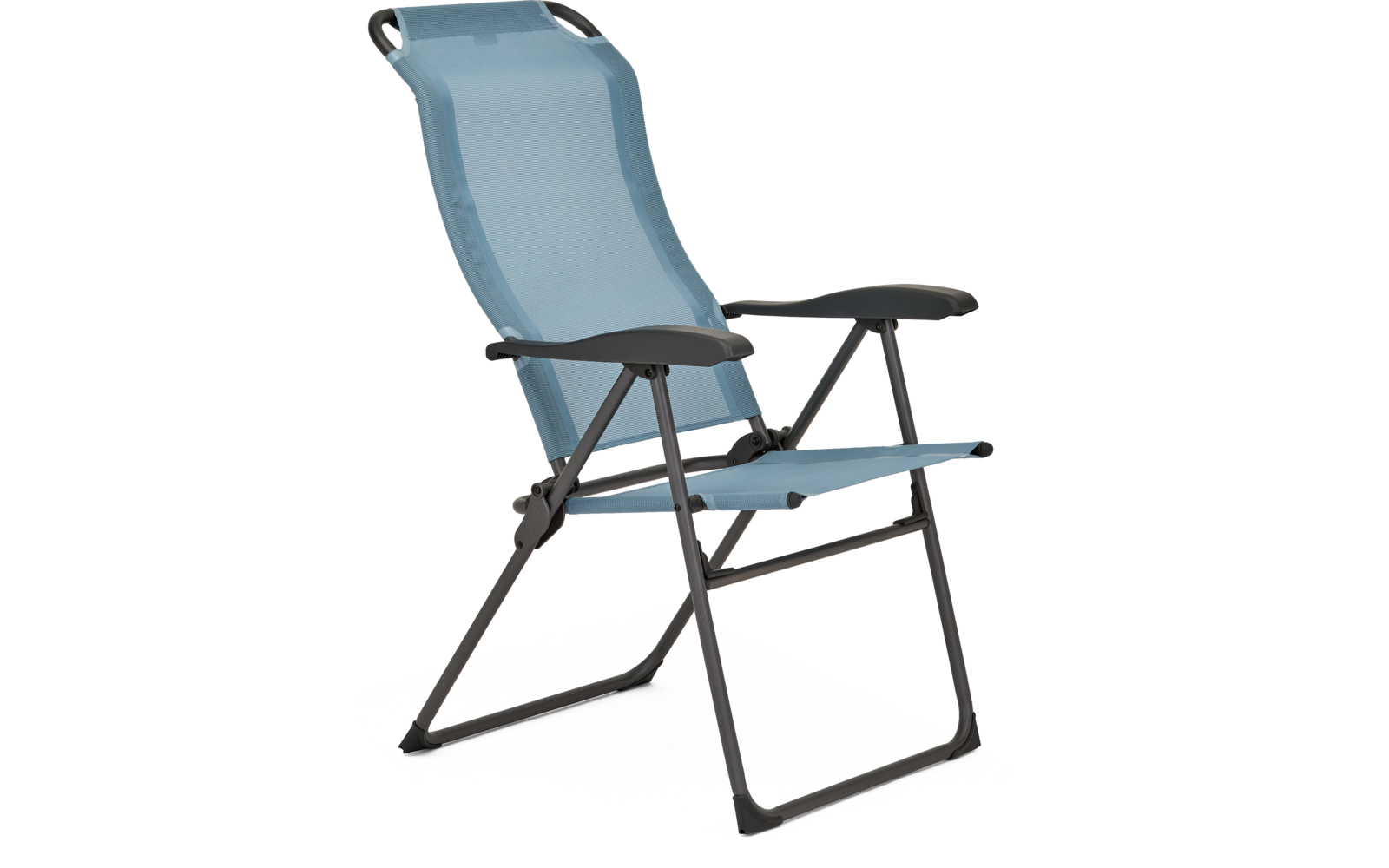 Blauer Klappstuhl aus Metall und Stoff