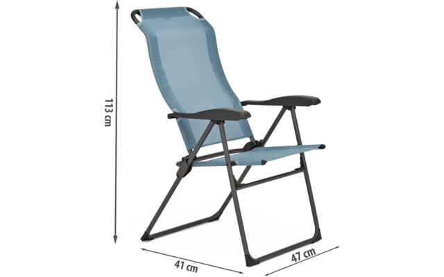 Blauer Klappstuhl mit schwarzem Metallgestell, seitliche Maße angezeigt