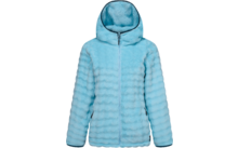 Chaqueta con capucha azul claro con cremallera frontal, dos bolsillos laterales con cremallera y textura a rayas horizontales, fondo blanco