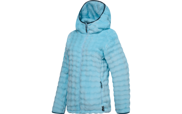 Chaqueta con capucha de felpa color azul claro con cremallera frontal y bolsillos laterales con cremallera