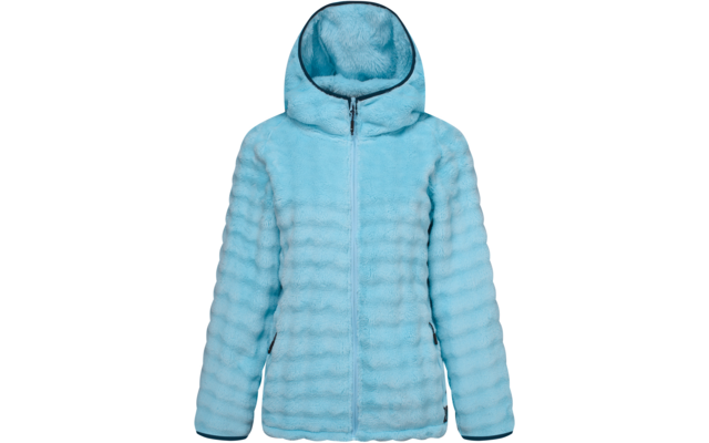 Chaqueta con capucha azul claro con cremallera frontal, dos bolsillos laterales con cremallera y textura a rayas horizontales, fondo blanco