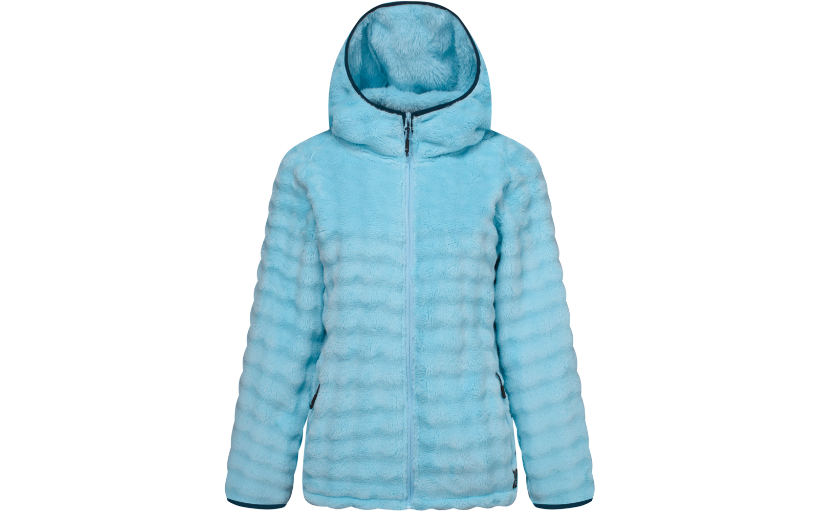 Chaqueta con capucha azul claro con cremallera frontal, dos bolsillos laterales con cremallera y textura a rayas horizontales, fondo blanco