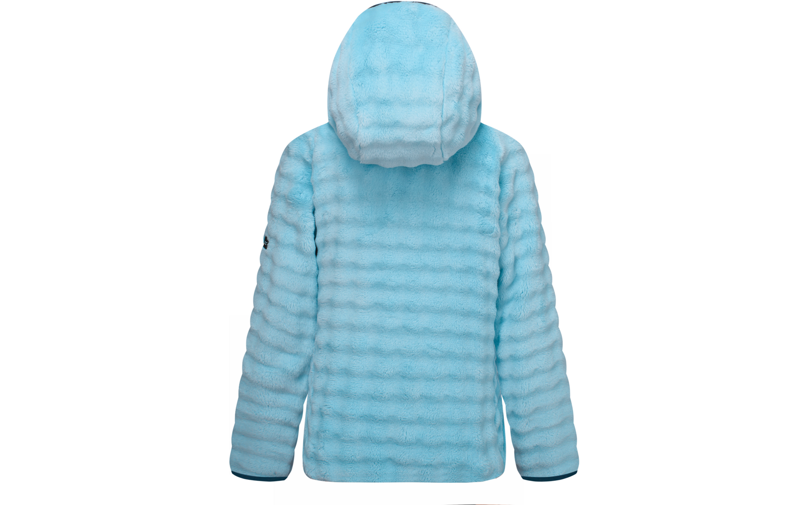 Chaqueta con capucha azul claro, vista posterior, superficie afelpada con franjas horizontales, mangas largas, puños oscuros