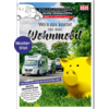 Magazintitel-Cover mit drei Wohnmobilen auf einer Straße, großem gelben Sparschwein im Vordergrund, Bäumen und blauem Himmel; Titeltext ‚Wo's nix kostet mit dem Wohnmobil‘