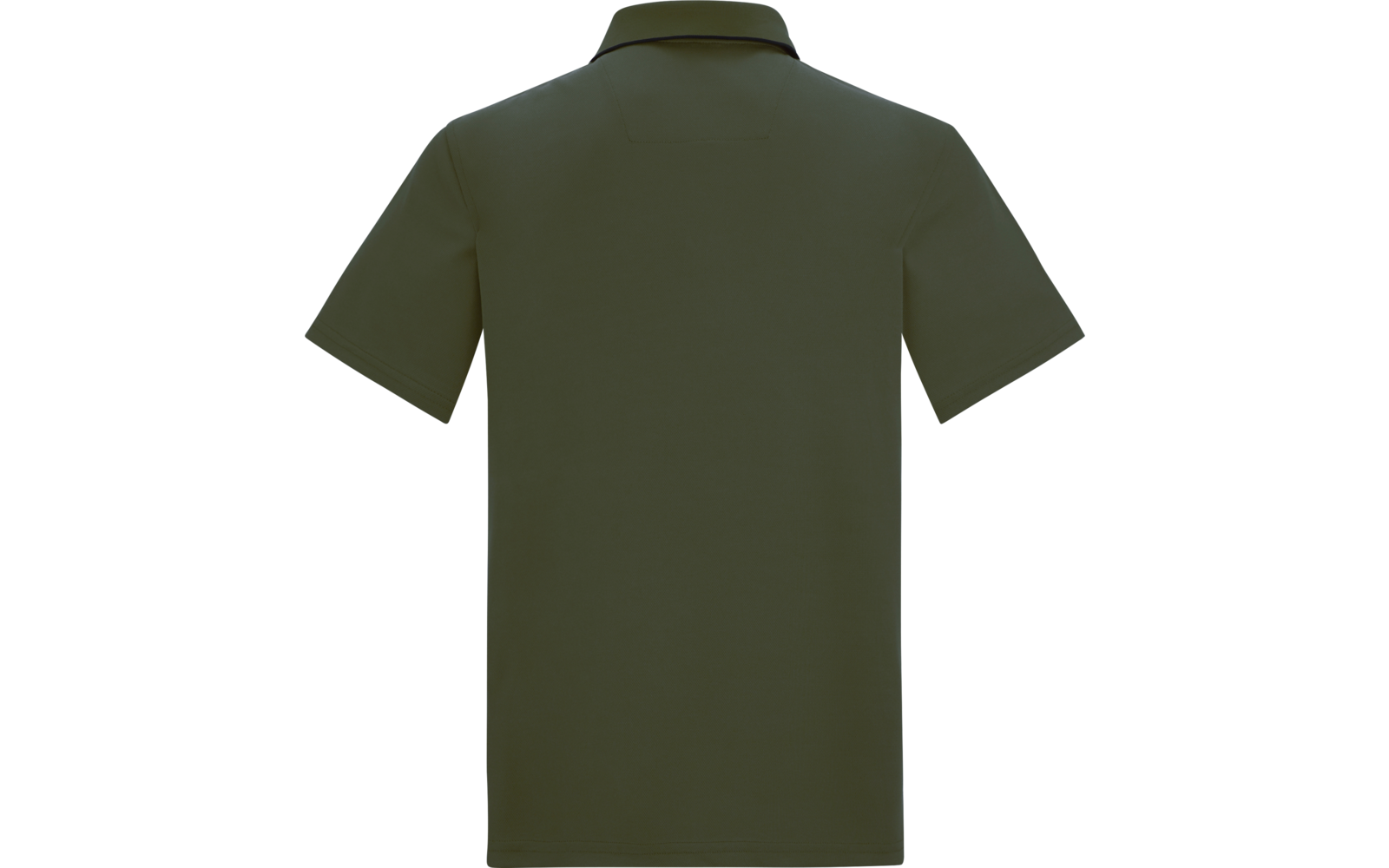 Rückenansicht eines olivgrünen, kurzärmeligen Oberteils mit Kragen vor weißem Hintergrund
