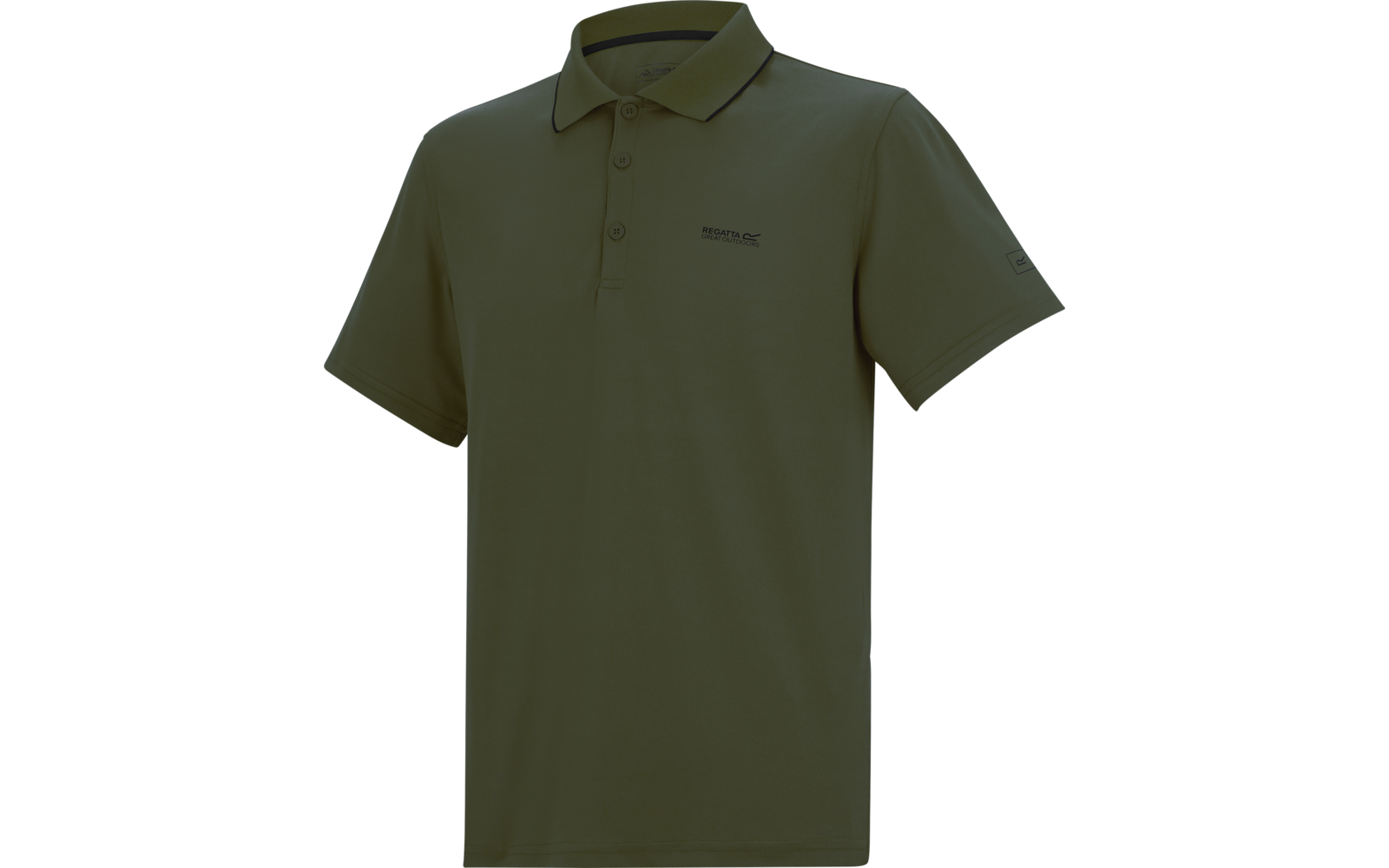Olivegrünes Polohemd mit kurzen Ärmeln, Umlegekragen und dreiknöpfiger Knopfleiste, kleines Logo auf linker Brust, weißer Hintergrund