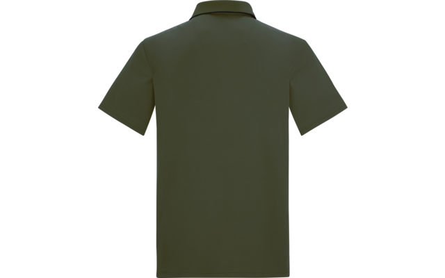 Rückenansicht eines olivgrünen, kurzärmeligen Oberteils mit Kragen vor weißem Hintergrund