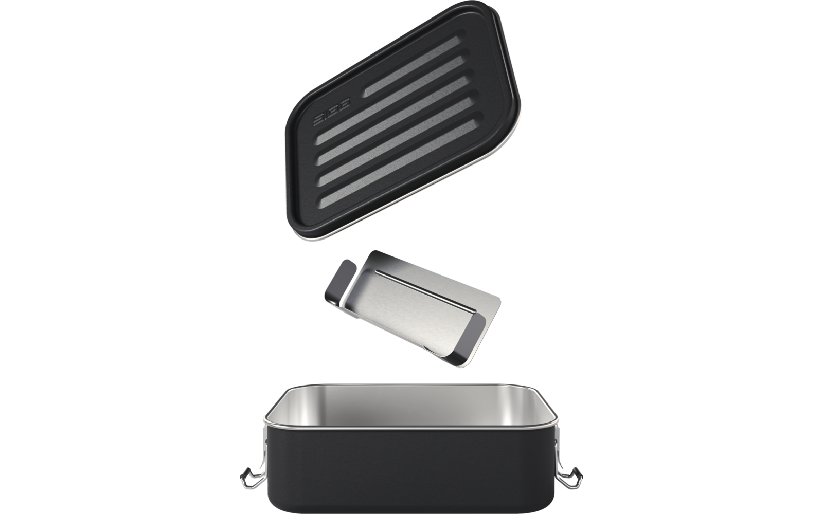 Récipient rectangulaire noir ouvert avec un insert argenté et un couvercle noir détaché à rainures horizontales ; l'insert est entre le couvercle et le récipient