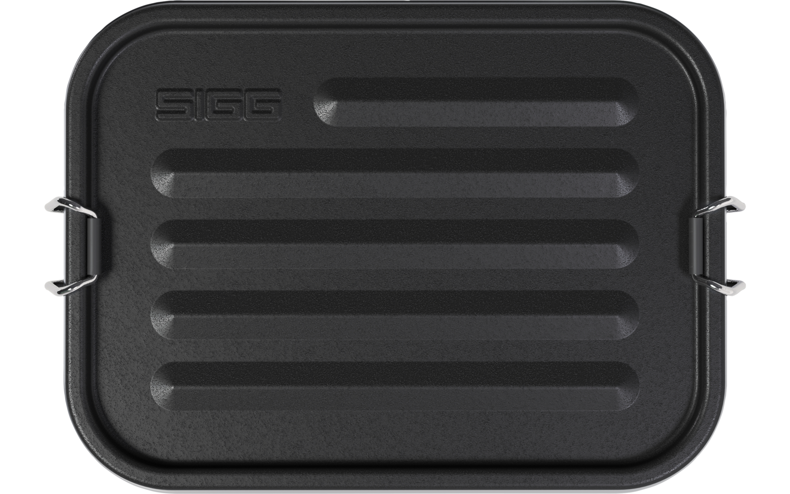 Objeto metálico rectangular negro con ranuras horizontales, dos asas metálicas en los lados y el texto en relieve 'SIGG' en la esquina superior izquierda