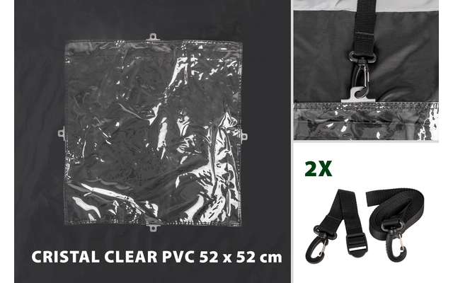 Busta quadrata trasparente in PVC 52 x 52 cm su sfondo scuro; in alto a destra primo piano di un gancio metallico su una cinghia nera; in basso a destra due cinghie nere con ganci metallici; testo visibile: CRISTAL CLEAR PVC 52 x 52 cm e 2X