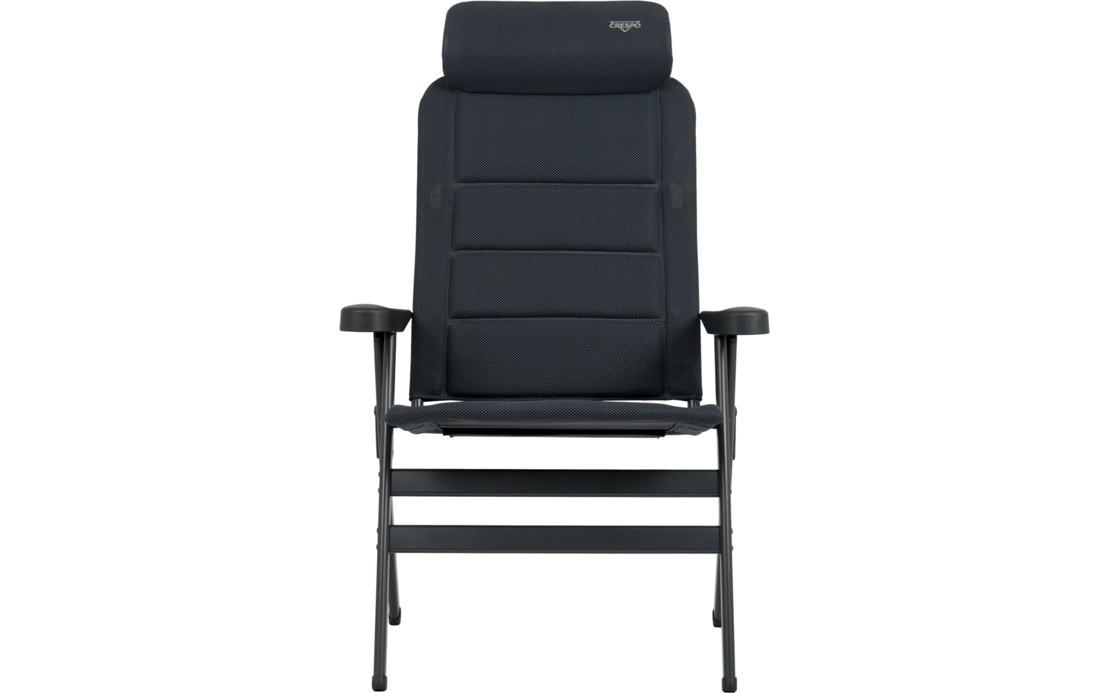 Dunkelgrauer gepolsterter Stuhl mit Kopfstütze, Armlehnen und Metallgestell, von vorne