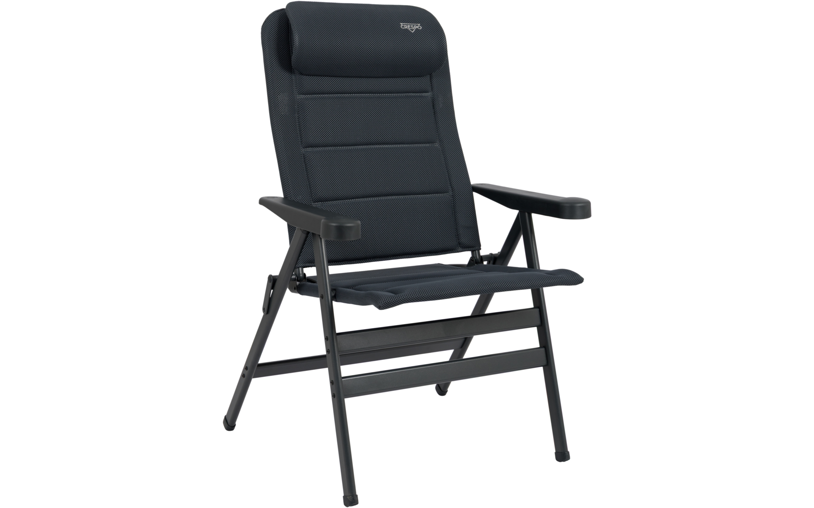 Gepolsterter dunkelgrauer Klappstuhl mit hoher Rückenlehne, Kopfkissen, Sitzpolster, Armlehnen und schwarzem Metallgestell