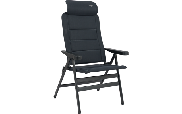 Dunkelgrauer, gepolsterter Klappstuhl mit hoher Rückenlehne, verstellbarem Kopfkissen, Armlehnen und Metallgestell