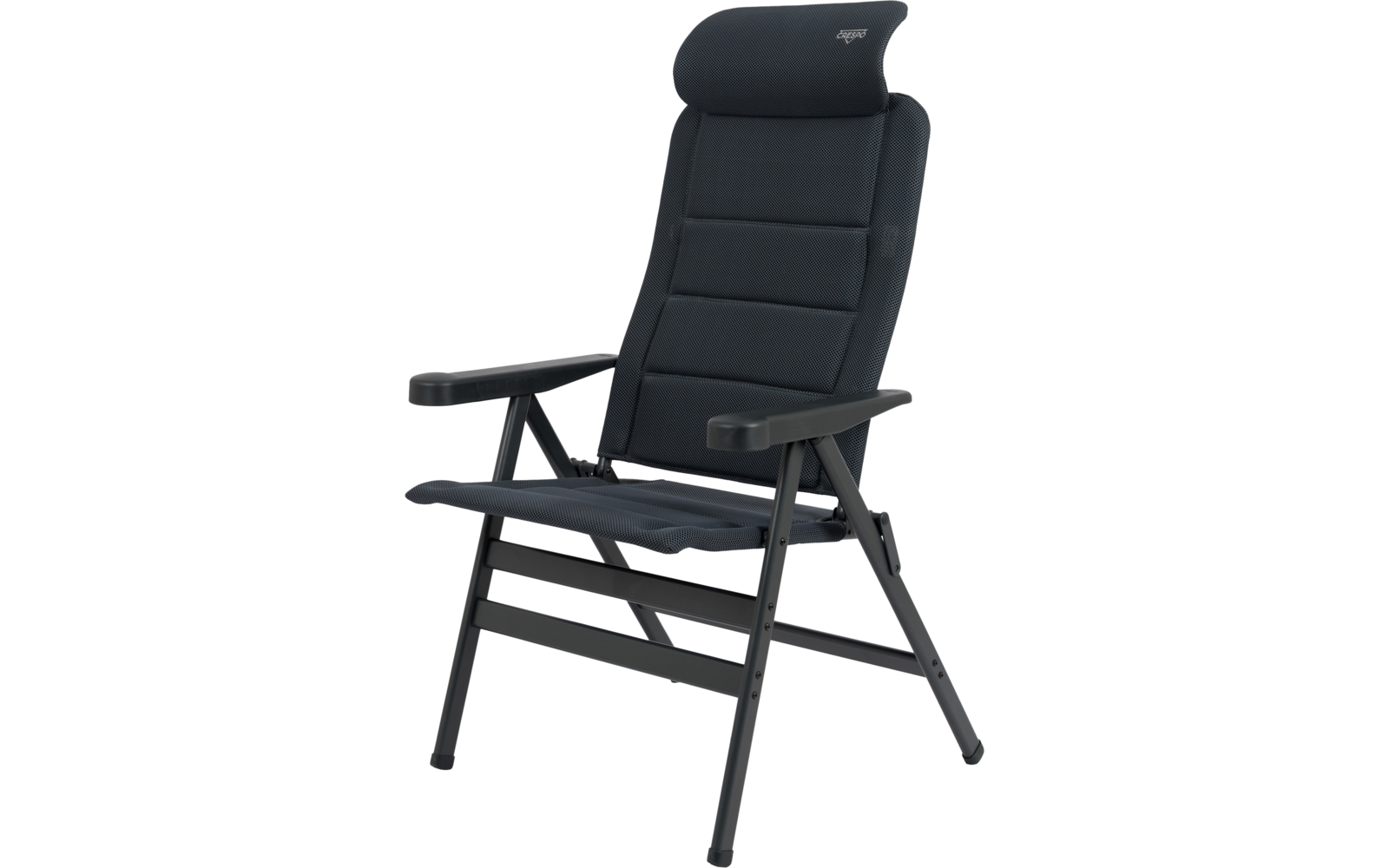 Dunkelgrauer gepolsterter Klappstuhl mit Kopfstütze, Armlehnen und Metallgestell