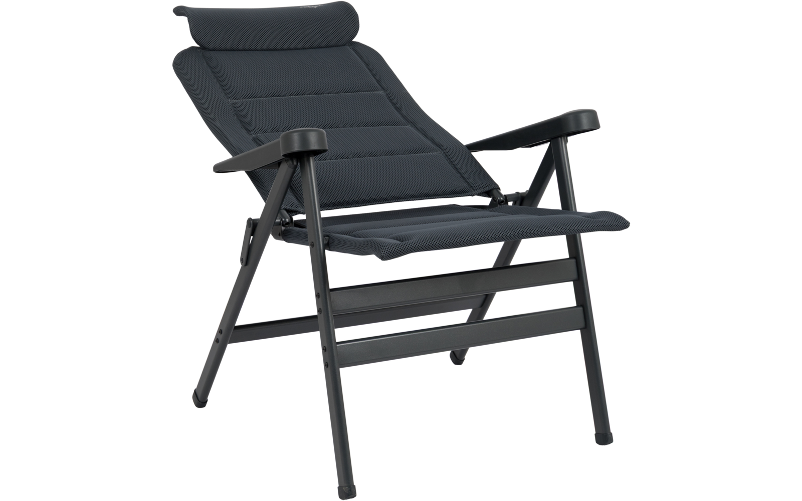 Grau-schwarzer gepolsterter Stuhl mit Kopfkissen, Armlehnen und schwarzem Metallgestell mit sichtbarem Scharnier