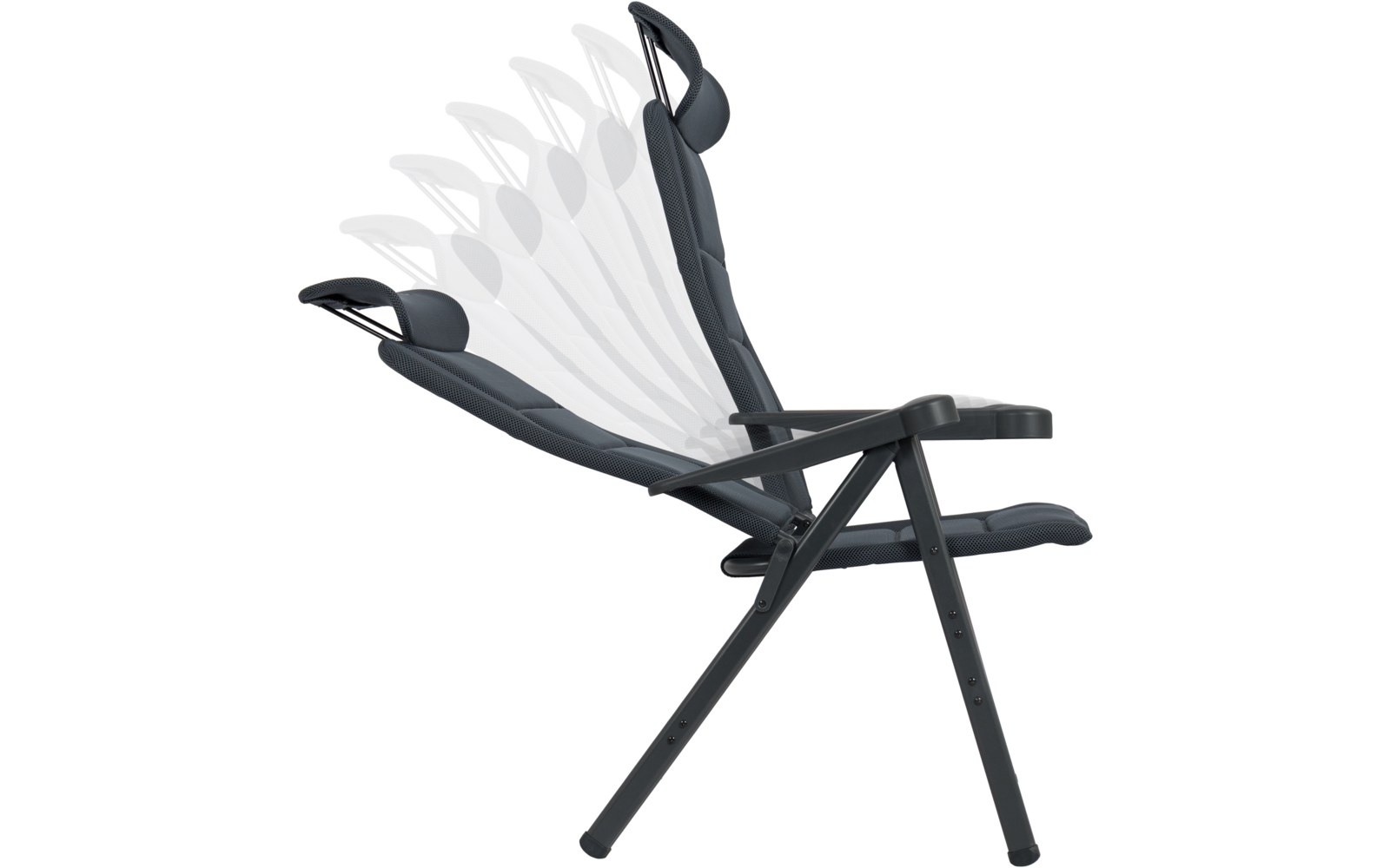 Klappbarer dunkelgrauer Liegestuhl mit Kopfstütze und Armlehnen, mehrfach in transparent überlagerten Neigungsstellungen dargestellt