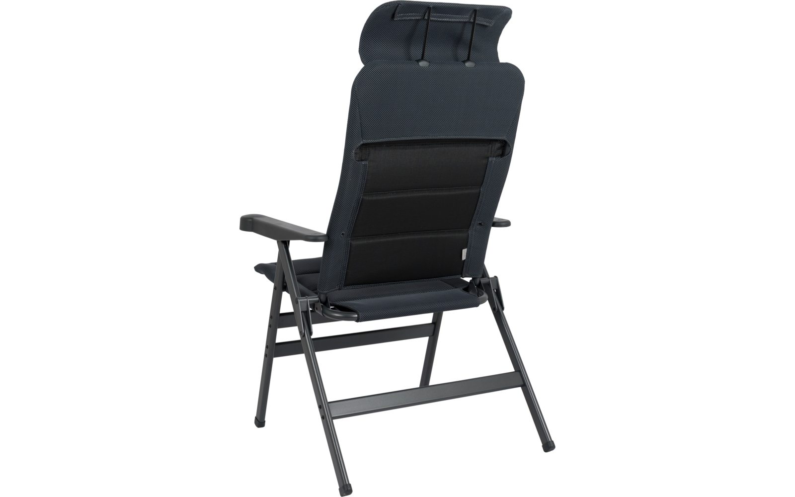 Rückansicht eines dunkelgrauen Klappstuhls mit Metallgestell, Stoffrücken, Kopfkissen und Armlehnen