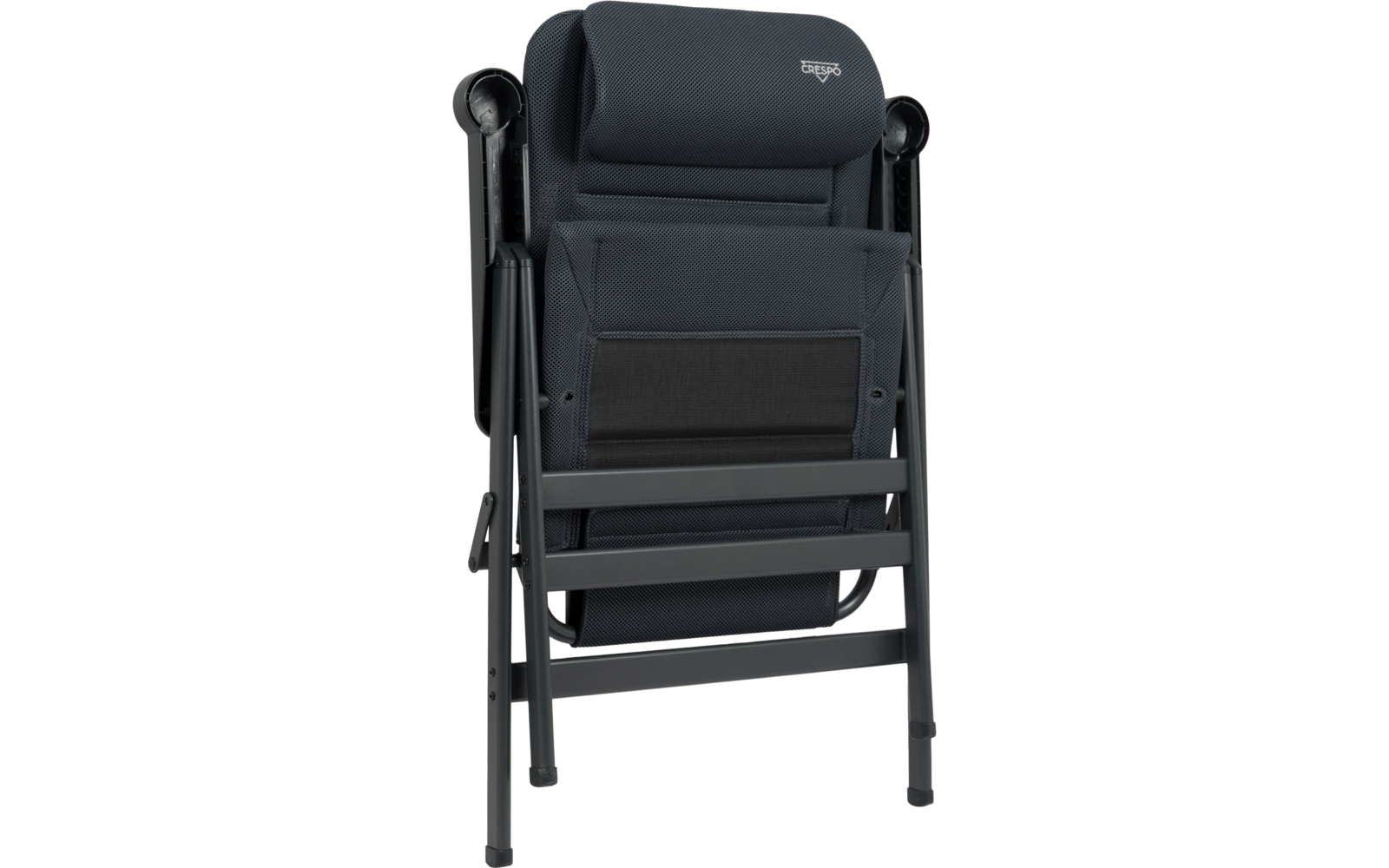 Schwarzer zusammengeklappter Klappstuhl mit Stoffbezug, gepolsterter Kopfstütze, Rückentasche und schwarzem Metallgestell
