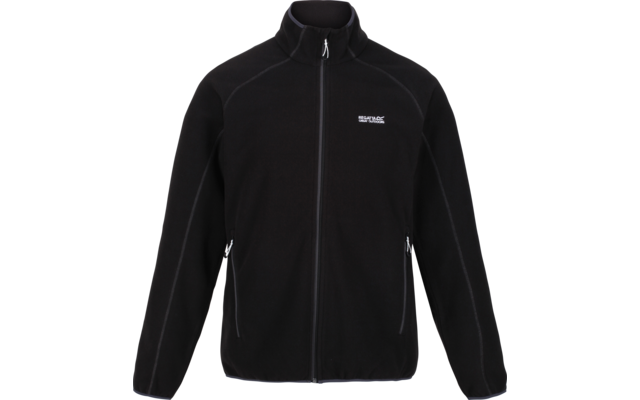 Veste noire avec fermeture éclair et col montant sur fond blanc