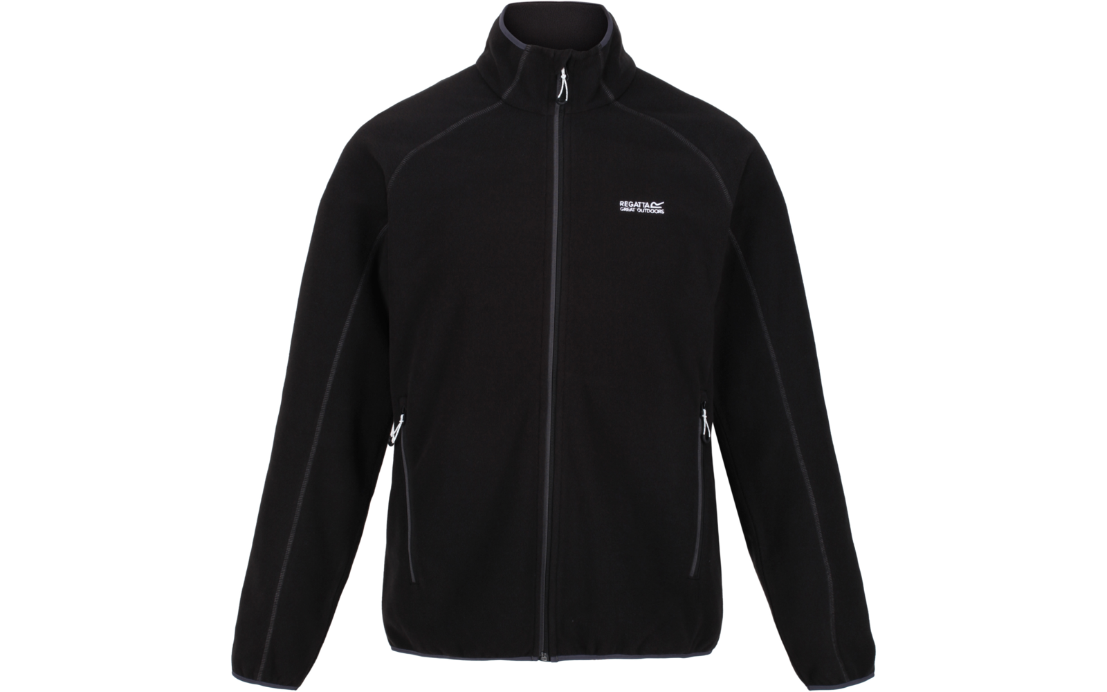 Schwarze Jacke mit Reißverschluss und Stehkragen auf weißem Hintergrund