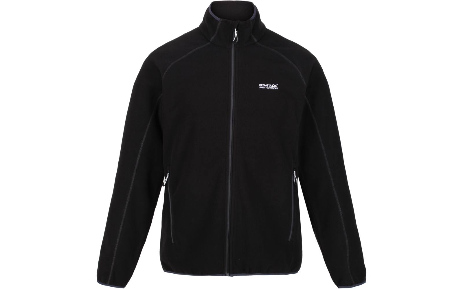 Schwarze Jacke mit Reißverschluss und Stehkragen auf weißem Hintergrund