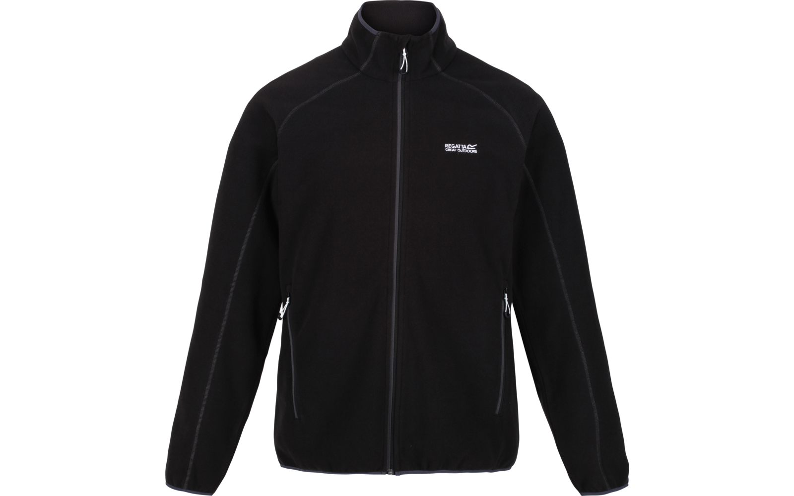 Veste noire avec fermeture éclair et col montant sur fond blanc