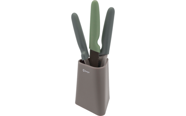 Drei Messer mit grünen Griffen in einem rechteckigen graubraunen Messerhalter