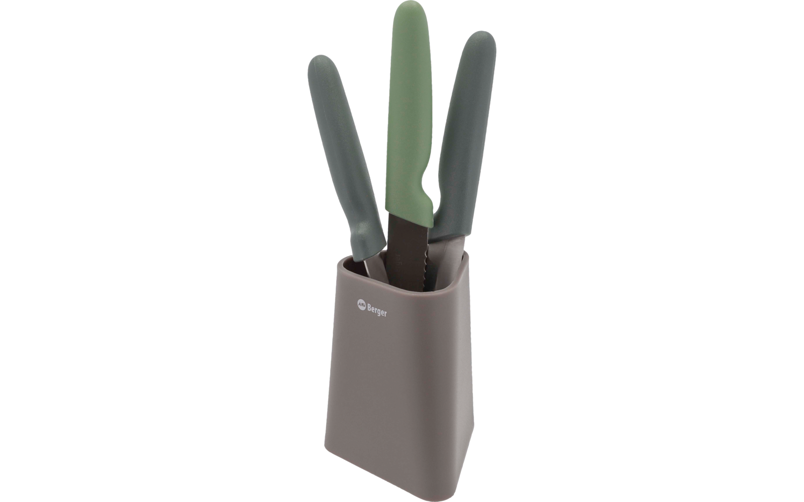 Drei Messer mit grünen Griffen in einem rechteckigen graubraunen Messerhalter